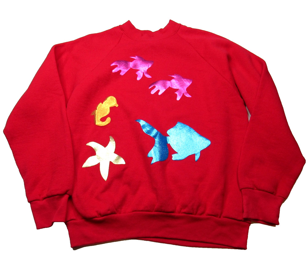 Vintage 90s Womens Red Fish Sweatshirt Grandma Ocean Nautical Coastal Beachy